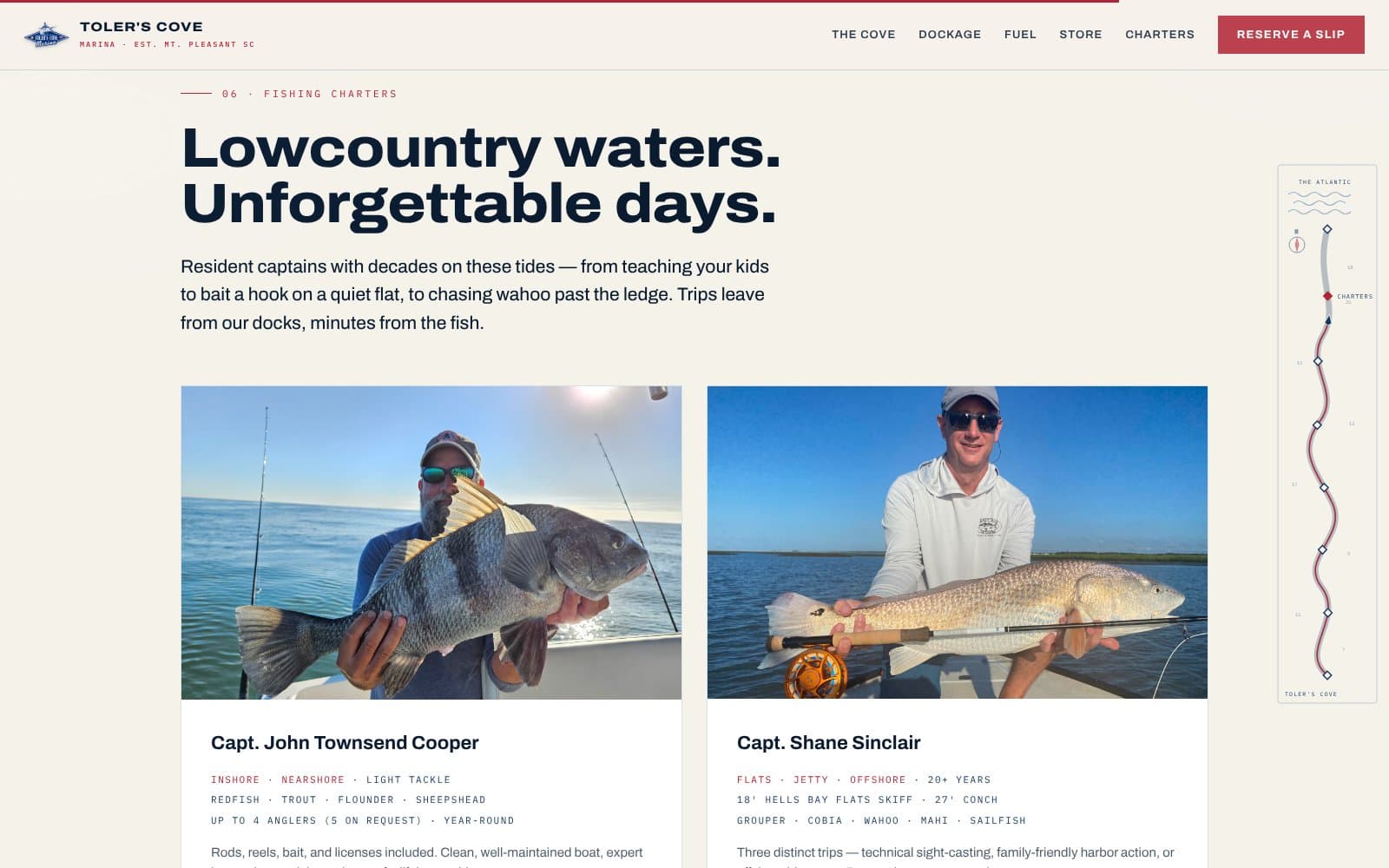Fishing charters section with two captain profiles.