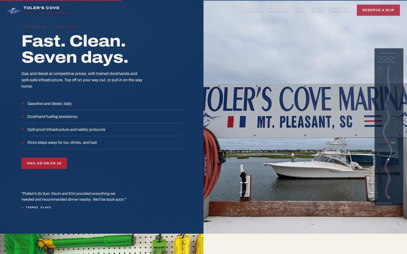 Fuel dock section with photo of the marina sign and the chart navigation rail.