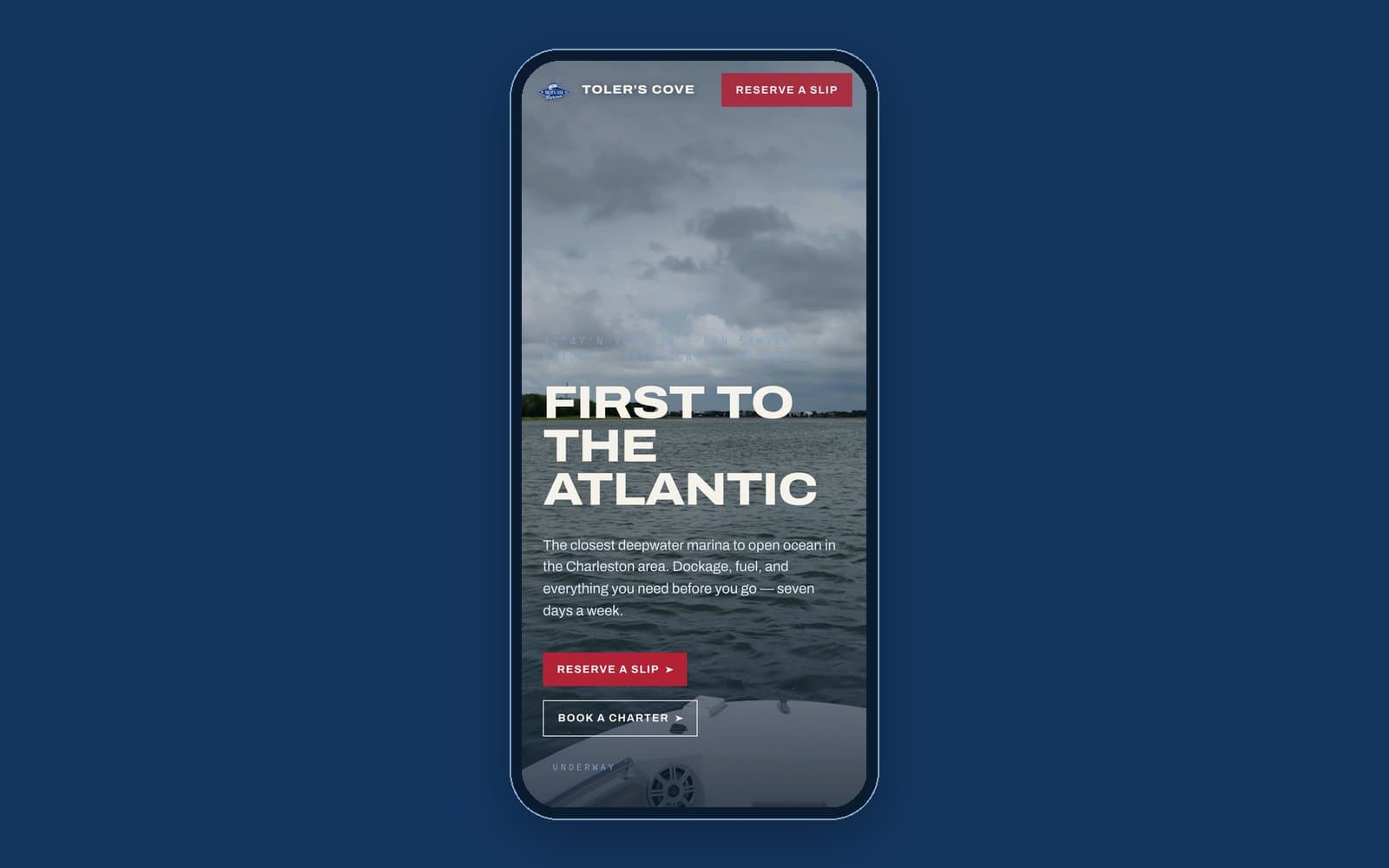 The marina site hero on a phone screen.