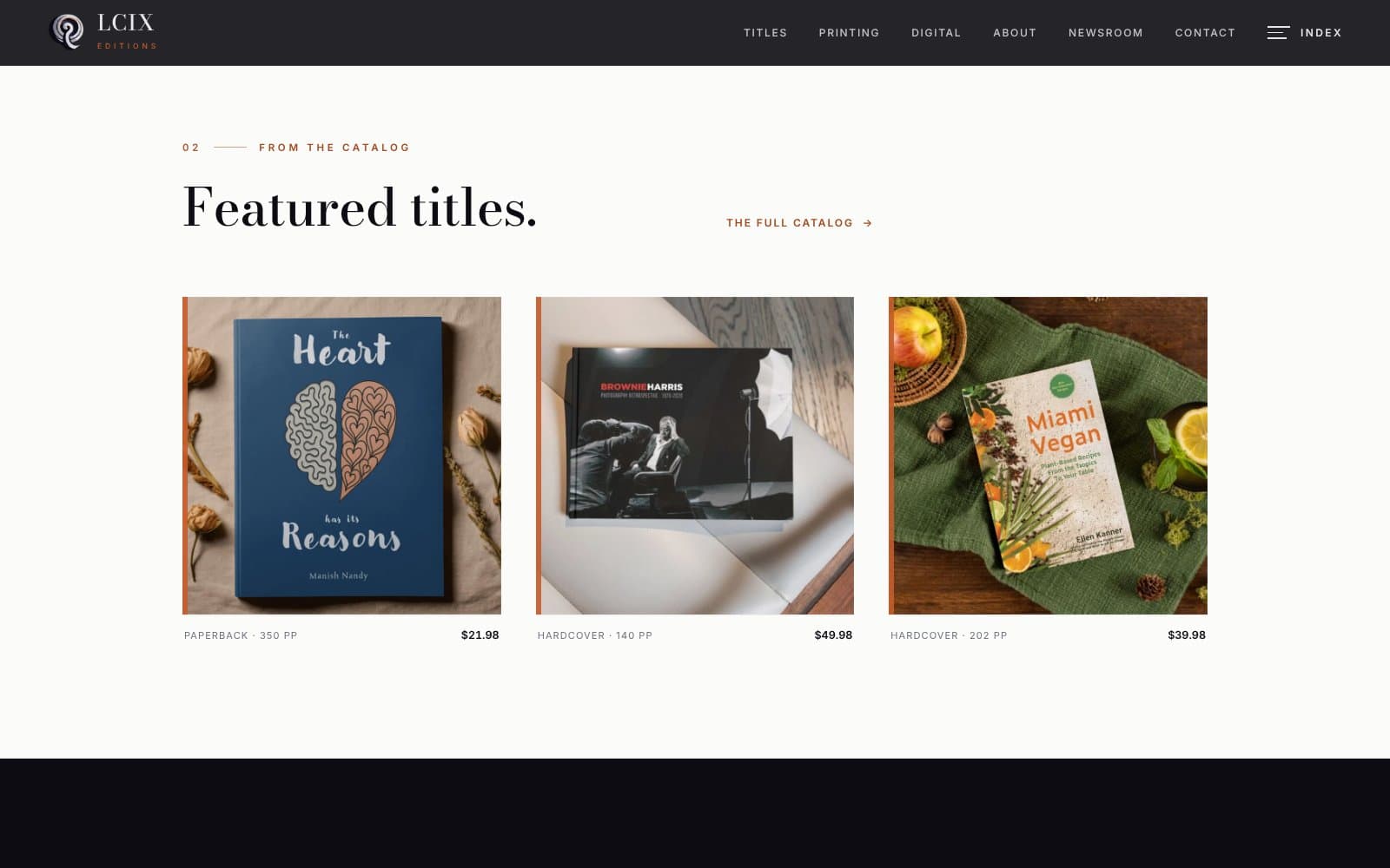 Featured titles section with three book covers.