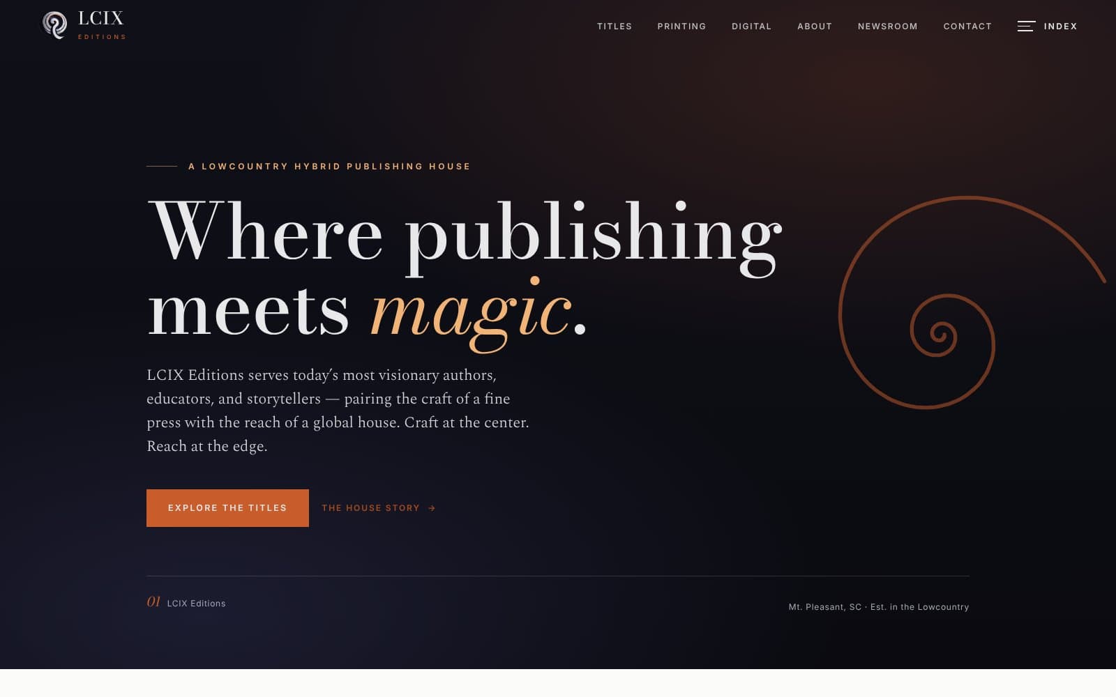 LCIX Editions homepage masthead with large serif headline and spiral motif.