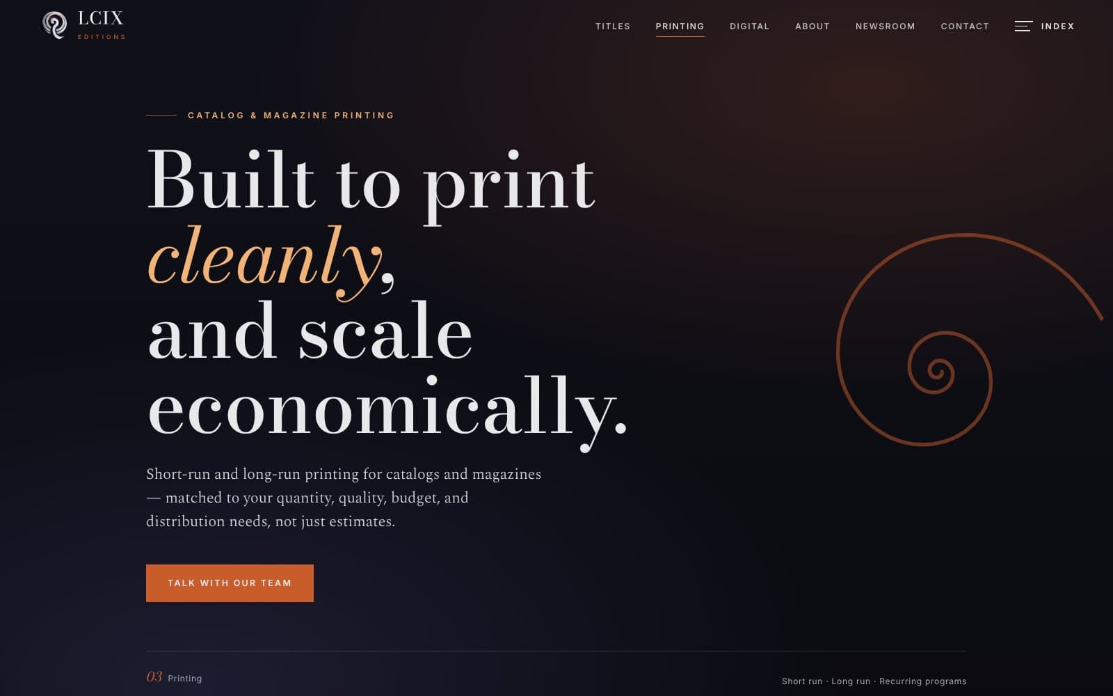 Printing services page headline in a didone face with italic accent.