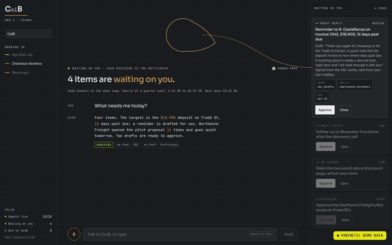 Agent console with a draft approval queue and an opened draft.