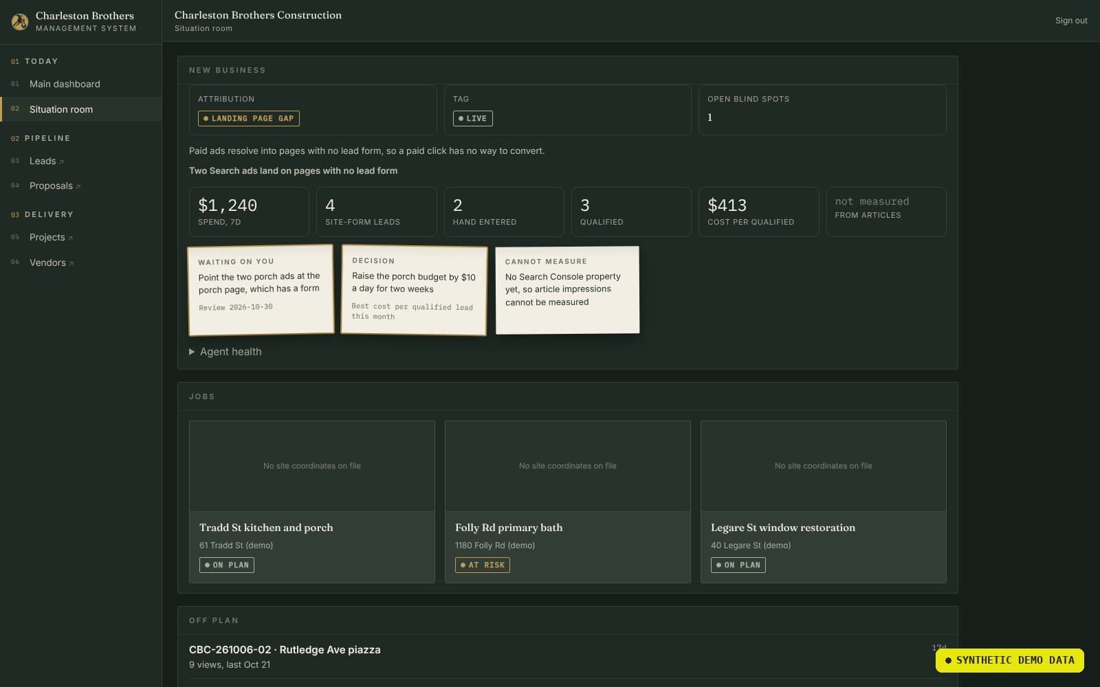 Situation room with demand metrics, pinned decision notes, and job cards.
