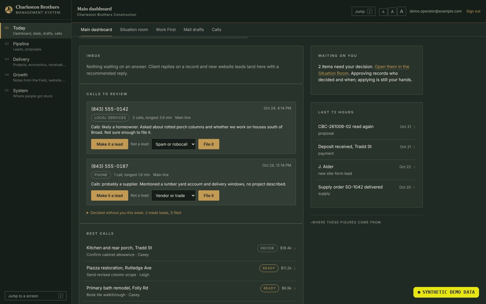 Call review panel with agent triage notes and lead or file controls.