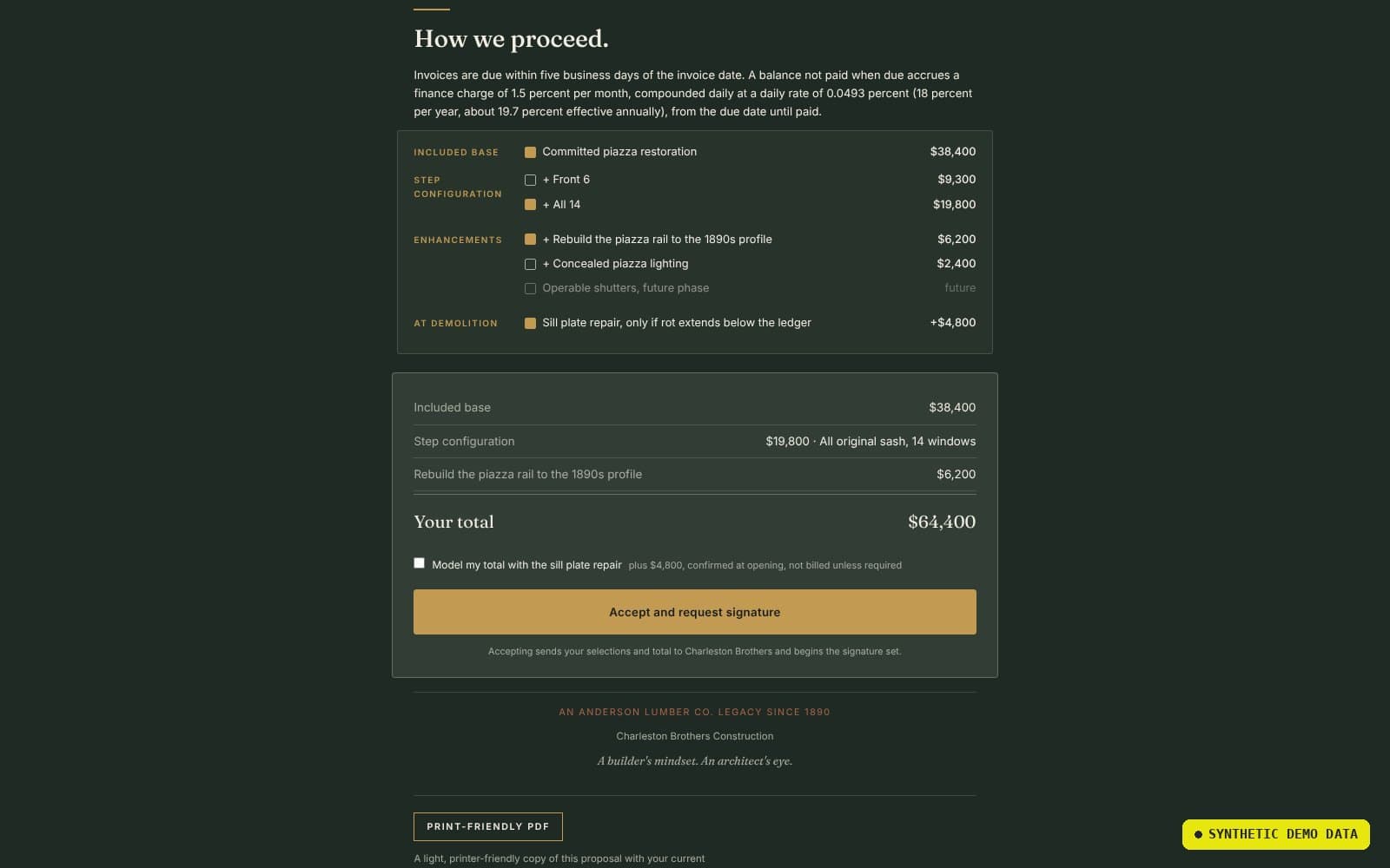 Proposal configurator with selectable scope options and a live total.