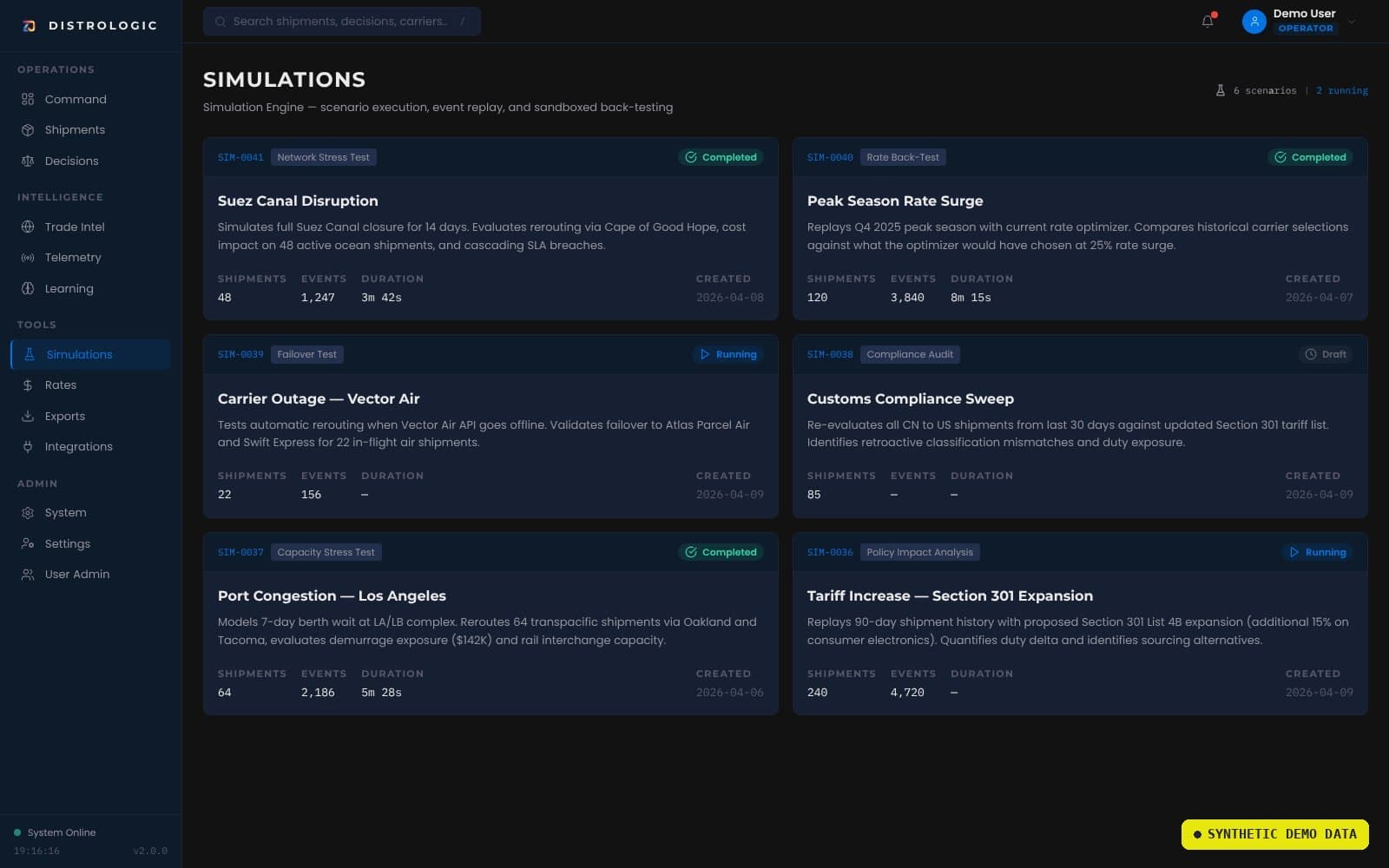 Simulation scenarios including carrier outage, port congestion, and tariff increase.